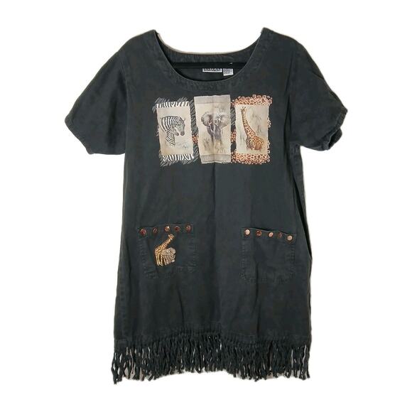 Vtg Las Olas Safari Animal Dress L Fringe Hem Denim Chambray Pockets Grunge Boho - Picture 1 of 15